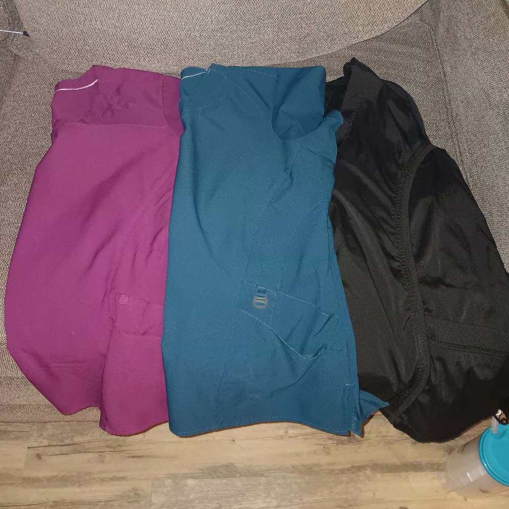 Purple, Teal, and Black Scrub Shirts Set